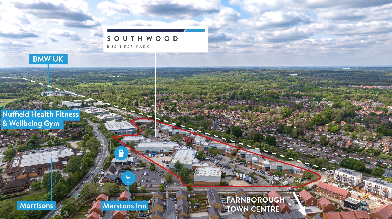 An aerial photograph of Southwood Business Park's location